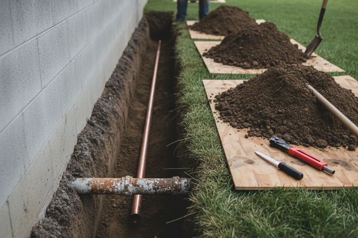 Excavated water line trench during Water Heater Repair in Collinsville